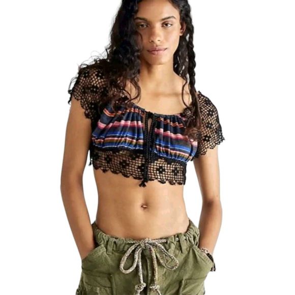 Free People Tops - Free People Black Crochet Striped Crop Top Small